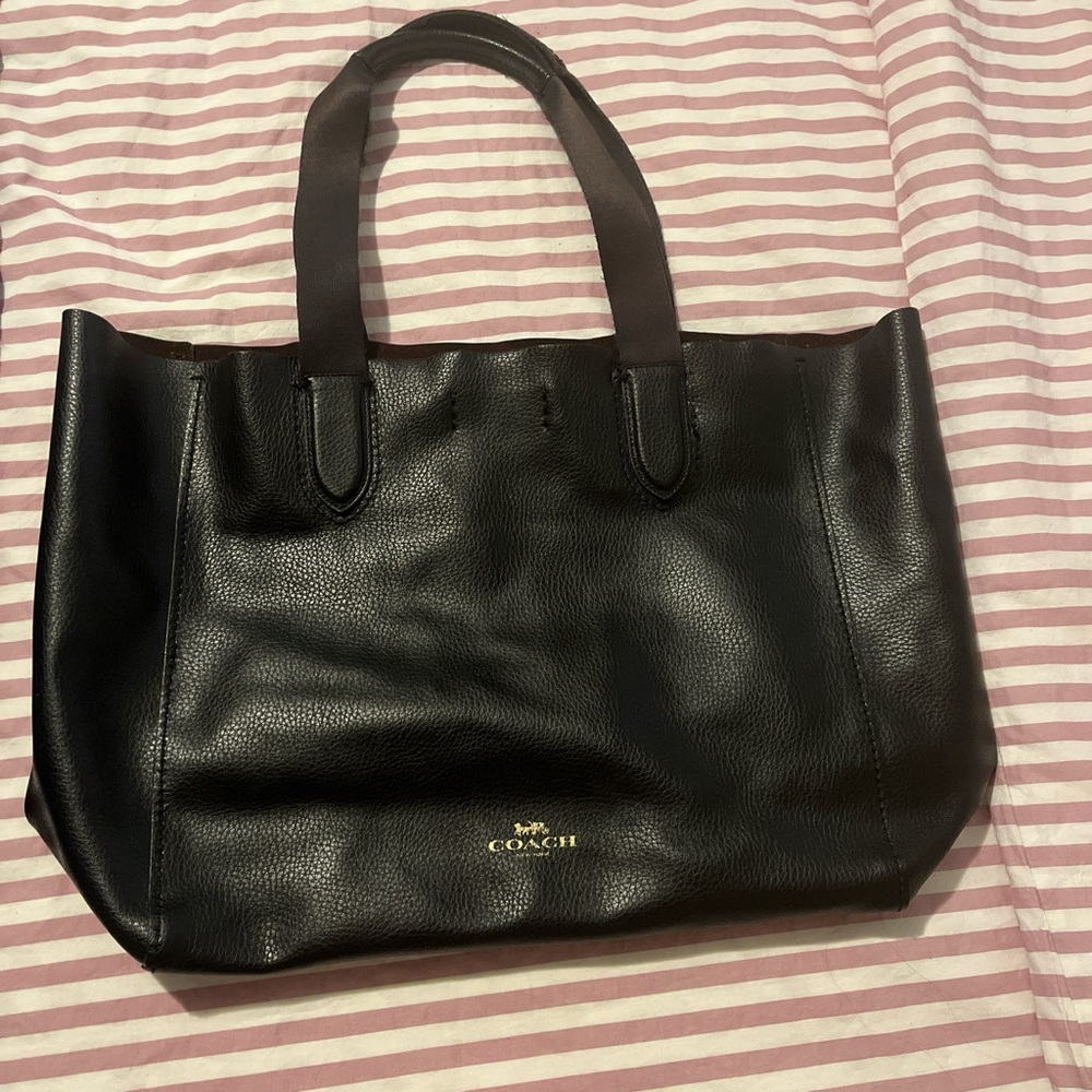 Coach Black Leather Tote with Gold Logo